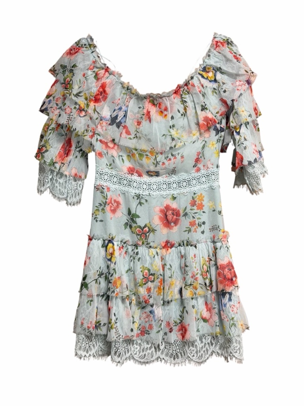 Alice + Olivia Santos Silk Floral Off Shoulder Lace Ruffle Mini Dress NWT 4